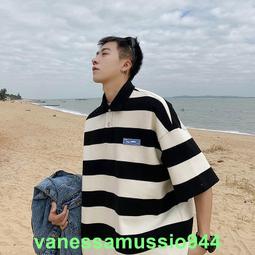 夏季男士條紋POLO衫 原宿潮流短袖t恤 港風ins寬鬆翻領短袖衣服 POLO條紋衫 休閒男士polo短袖T恤男 歷史價格詳細信息