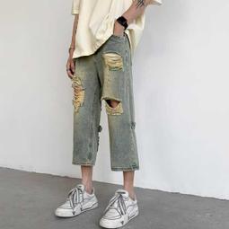 美式復古破洞牛仔男夏季痞帥hiphop高街子直筒寬鬆闊腿 歷史價格詳細信息