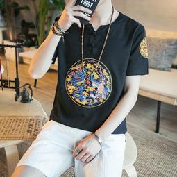 中式男裝中國風短袖T恤男士夏季上衣服龍袍刺繡唐裝大碼男裝棉麻半袖體恤中國風 唐裝 價格比較,價格查詢,歷史價格詳細信息
