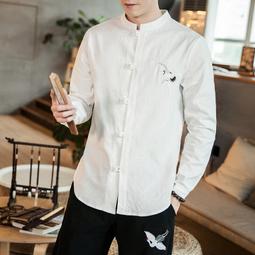 [免運]中國風仙鶴刺繡亞麻襯衫男寬松大碼中式盤扣立領棉麻上衣復古唐裝#金隆男裝 價格比較,價格查詢,歷史價格詳細信息