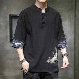 [免運]夏季中國風男裝刺繡棉麻短袖t恤盤扣中式半袖五分袖上衣唐裝男潮#金隆男裝 歷史價格詳細信息