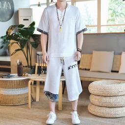 [免運]中國風男裝棉麻短袖V領t恤大碼國潮五分袖半袖上衣青年唐裝漢服男#金隆男裝 歷史價格詳細信息