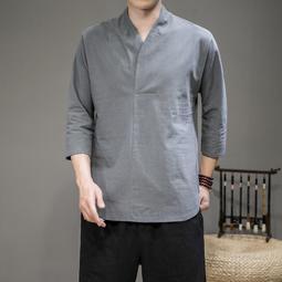 [免運]中國風男裝七分袖襯衫襯衣復古風盤扣中式唐裝男夏季薄款短袖上衣#金隆男裝 歷史價格詳細信息