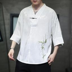 [免運]中國風男裝七分袖襯衫襯衣復古風盤扣中式唐裝男夏季薄款短袖上衣#金隆男裝 歷史價格詳細信息