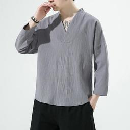 男士T恤春夏中國風男裝棉麻亞麻花色短袖五分袖T恤 歷史價格詳細信息