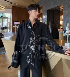 《TINO HOMME》2019春夏新款日韓版OVERSIZE滿版字母印花領結寬鬆長袖襯衫 歷史價格詳細信息