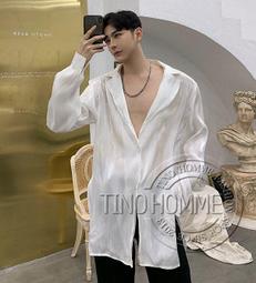 《TINO HOMME》2019春夏新款宮廷風日韓版翻領鴕鳥毛鬚袖OVERSIZE寬鬆長袖襯衫 歷史價格詳細信息