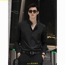 中式立領襯衫 立領長袖  商務襯衣 免燙垂感 純色長袖 男士黑白修身襯衣 歷史價格詳細信息