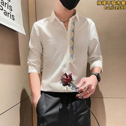 夏季七分袖襯衫男感潮流痞帥修身襯衣韓版薄款中短袖潮牌上衣-靚仔男裝 歷史價格詳細信息