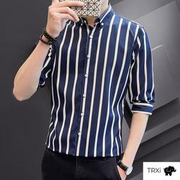 男士冰絲短袖襯衣 英倫潮流條紋七分袖襯衫 韓版修身襯衣 男七分袖襯衫 小版男裝 襯衫男 短袖襯衫男 男生衣著 歷史價格詳細信息
