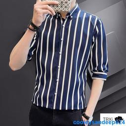 男士冰絲短袖襯衣 英倫潮流條紋七分袖襯衫 韓版修身襯衣 男七分袖襯衫 小版男裝 襯衫男 短袖襯衫男 男生衣著 歷史價格詳細信息