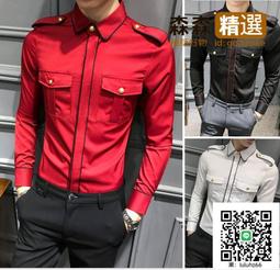 Ω依枝獨袖Ω【111】新款暗黑主男士拼皮鉚釘修身長袖襯衫  [滿300出貨] 歷史價格詳細信息