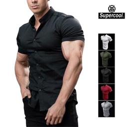 #SupercooL#彈力運動襯衫男 短袖翻領上衣 免燙冰絲素色襯衫 修身顯肌肉 大尺碼 透氣速乾 歐美潮流 健身 街頭 價格比較,價格查詢,歷史價格詳細信息