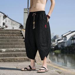 [免運]中國風男裝刺繡闊腿九分褲男褲子夏季薄款大碼直筒褲運動休閑褲潮#金隆男裝 歷史價格詳細信息