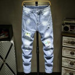 潮牌破洞補丁牛仔褲男夏季新款修身小腳韓版潮流淺色百搭青年長褲 價格比較,價格查詢,歷史價格詳細信息