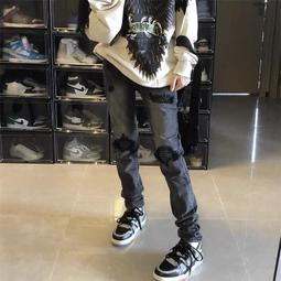 高街破洞修補程式黑色牛仔褲男百搭寬鬆休閒四季可穿直筒褲潮 歷史價格詳細信息