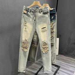 美式潮流牛仔褲男修身直筒百搭休閒時尚高街帥氣側拉鏈長褲子 歷史價格詳細信息