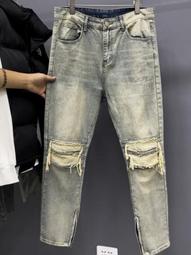 高街破洞牛仔褲男百搭直筒個性布貼長褲潮牌五角星印花休閒褲 歷史價格詳細信息