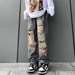 美式街頭小眾設計感植絨刺繡牛仔褲男hiphop高街寬鬆直筒休閒長褲 歷史價格詳細信息
