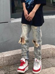 美式高街vibe潮牌破洞牛仔褲男夏季薄款寬鬆設計感開叉復古褲子男 歷史價格詳細信息