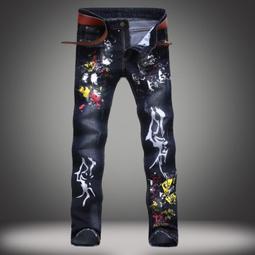 【潮裡潮氣】男式牛仔褲潑墨破洞直筒修身個性做舊拼色補丁男褲 歷史價格詳細信息