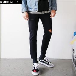 正韓代購搖滾星球 刀割破壞黑色韓國小直筒牛仔褲 EF975818 歷史價格詳細信息