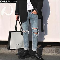 搖滾星球韓國代購 膝破刀割破壞刷色窄管牛仔褲 型男穿搭 AC8938 歷史價格詳細信息