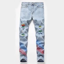 【潮裡潮氣】原創新款破洞乞丐修身黑色紅色彈力補丁小直筒男士牛仔長褲 歷史價格詳細信息