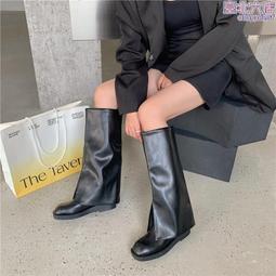 過膝長筒靴 瘦瘦靴 遇見歐美風過膝皮靴女2022年新款秋冬方頭粗跟防水臺側拉鍊時裝靴（滿599元免運） 歷史價格詳細信息
