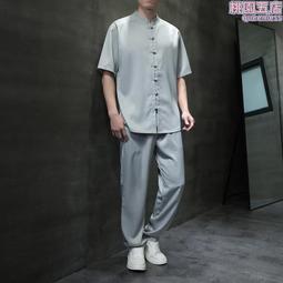 中國風休閒套裝男暗紋提花中袖復古盤扣t恤長褲禪服兩件套居仕服 歷史價格詳細信息