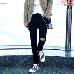 am高街黑色青年十字徽章小腳褲彈力破洞補丁緊身牛仔褲男3109 歷史價格詳細信息