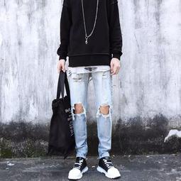 高端牛仔褲男士韓版潮牌破洞九分褲子秋季痞帥美式炸街修身煙管褲 歷史價格詳細信息