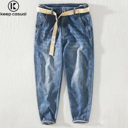 牛仔褲男寬鬆直筒2023年新款休閒長褲子男生工裝九分褲 彈力牛仔褲 歷史價格詳細信息