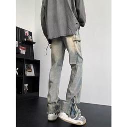 美式高街vibe風拉鍊開叉破洞拖地牛仔褲男嘻哈復古個性飄帶褲子潮 歷史價格詳細信息