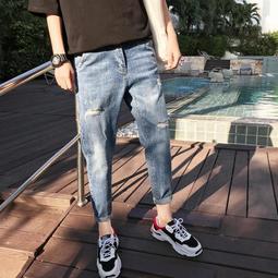 夏季破洞牛仔褲男士修身九分褲子男學生韓版直筒潮流休閑乞丐褲男現貨速發 價格比較,價格查詢,歷史價格詳細信息