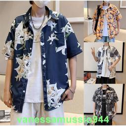 襯衫 短袖襯衫 花襯衫 休閒襯衫 夏天上衣 短袖 大尺碼襯衫 線描植物碎花古巴領潮夏威夷泰國復古襯衣   【滿300出貨 歷史價格詳細信息