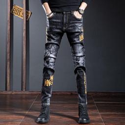 歐洲站 高級刺繡牛仔褲 男士印花黑色牛仔褲  緊身窄管字母潮流百搭彈力牛仔褲 歷史價格詳細信息