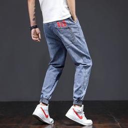M-5XL 大尺碼牛仔褲男 韓版簡約休閒長褲 抽繩鬆緊腰丹寧褲 素色褲子 加大尺碼男生闊腿牛仔褲 歷史價格詳細信息