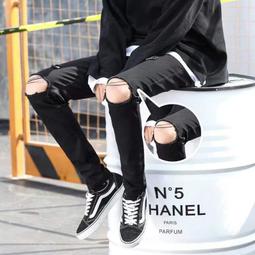 膝蓋破洞牛仔褲 韓版黑色牛仔長褲 歐美潮牌帥氣個性小腳褲 男小直筒長褲窄管褲/澤米 歷史價格詳細信息