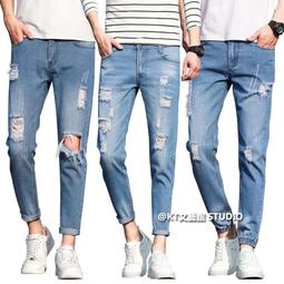 彈力牛仔褲 破褲男生 長褲 休閒褲男 工作褲 百搭休閒长褲男 修身潮流男生水洗牛仔窄管褲 韓版 牛仔小腳長褲 歷史價格詳細信息