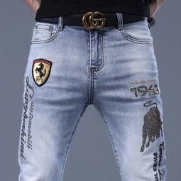 新款高檔男士牛仔褲彈力修身小腳褲子男韓版潮流休閑破洞九分褲男 歷史價格詳細信息