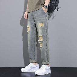 【現貨熱銷】男士褲子夏季薄款破洞牛仔褲男褲2024新款寬松直筒小眾設計感酷帥 歷史價格詳細信息