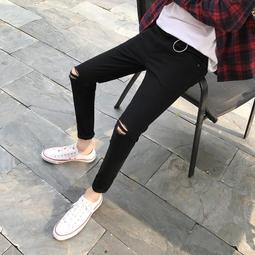 膝蓋破洞牛仔褲 韓版黑色牛仔長褲 歐美潮牌帥氣個性小腳褲 男小直筒長褲窄管褲/澤米 歷史價格詳細信息