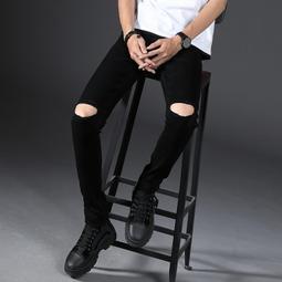 【現貨熱銷】夏季破洞牛仔褲男小腳青年一字露膝蓋褲韓版潮流修身彈力褲子 價格比較,價格查詢,歷史價格詳細信息