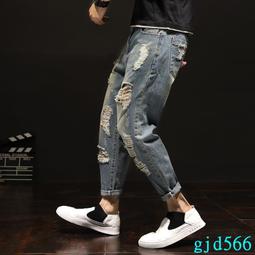 春夏季新款破洞九分牛仔褲男士緊身窄管休閒夏季乞丐潮牌長褲男 丹寧牛仔褲 休閒長褲 男女不拘 歷史價格詳細信息