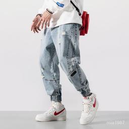 直筒牛仔褲《J.Y》鬆緊帶 綁繩 縮口褲 牛仔褲 長褲 休閒長褲 工作褲 潮流 寬鬆 闊腿褲 復古 刷舊 兩色可選 歷史價格詳細信息