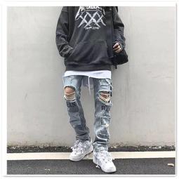歐美高街淺色牛仔庫男款春夏復古直筒寬松闊腿庫hiphop松緊庫子 歷史價格詳細信息