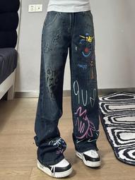 美式高街設計感涂鴉水洗牛仔pants男寬松休閑直筒長pants子vibe百搭男pants 價格比較,價格查詢,歷史價格詳細信息