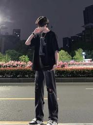 破洞牛仔pants男士復古水洗做舊休閑pants美式高街寬松直筒pants子 歷史價格詳細信息