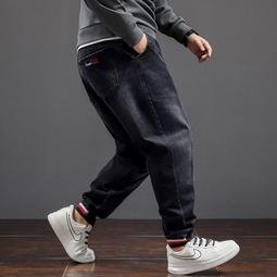 胖子松緊腰系帶加肥加大碼牛仔褲男束腳寬松休閑彈力長褲直筒 歷史價格詳細信息